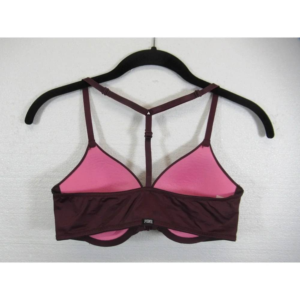 Victoria's Secret PINK Front Close Push Up Bra 34C Burgundy Underwire T-Strap